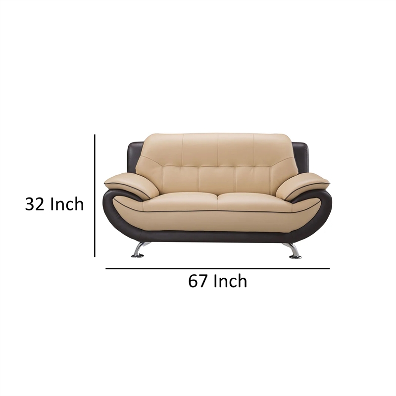 Benjara Diana Loveseat- 2 Tone Brown- Beige Genuine Leather- Pillow Arms- 67