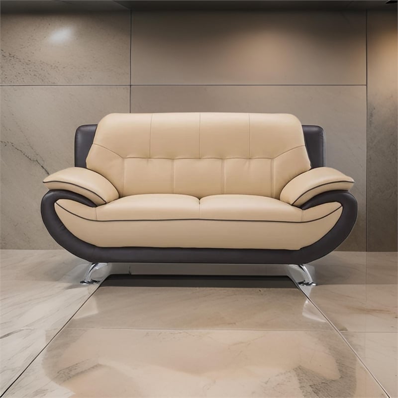 Benjara Diana Loveseat- 2 Tone Brown- Beige Genuine Leather- Pillow Arms- 67