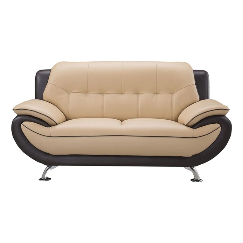 Benjara Diana Loveseat- 2 Tone Brown- Beige Genuine Leather- Pillow Arms- 67