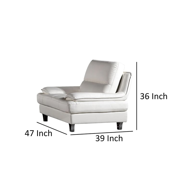 Benjara Ben Accent Chair- White Genuine Leather- Steel Legs- Pillow Top Armrests