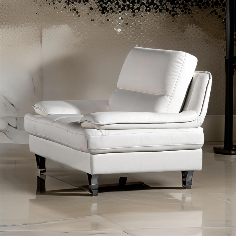 Benjara Ben Accent Chair- White Genuine Leather- Steel Legs- Pillow Top Armrests