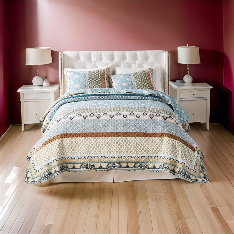 Benjara Ello 3pc King Size Quilt and Pillow Sham Set- Bohemian Print- Multicolor