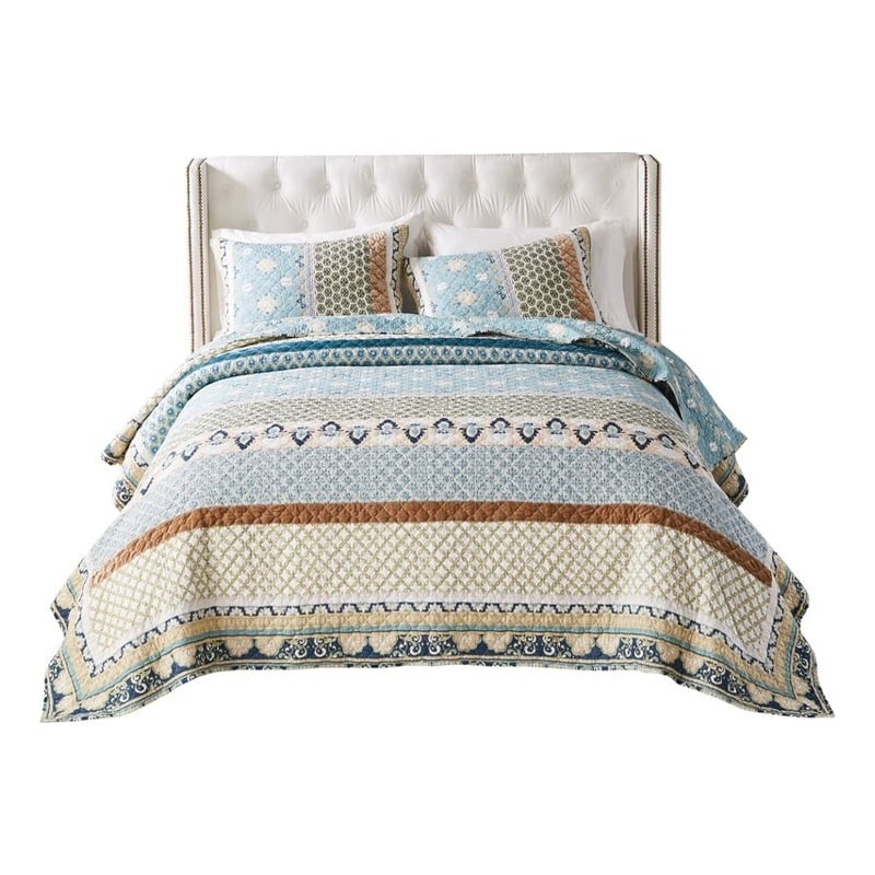 Benjara Ello 3pc King Size Quilt and Pillow Sham Set- Bohemian Print- Multicolor