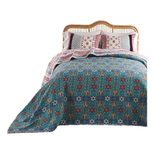 Benjara Ello 3pc King Bedspread and Pillow Sham Set- Red Blue Bohemian Stripes