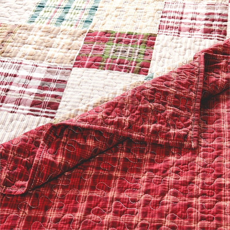 Benjara Evi 3pc Full Queen Quilt and Pillow Sham Set- Plaid Pattern- Multicolor