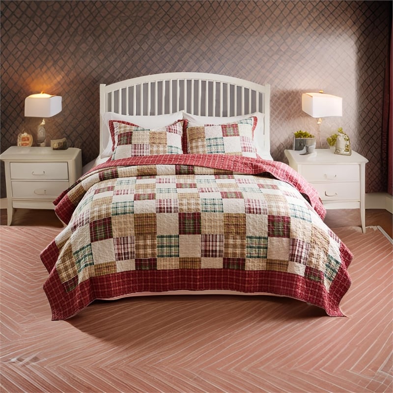 Benjara Evi 3pc Full Queen Quilt and Pillow Sham Set- Plaid Pattern- Multicolor