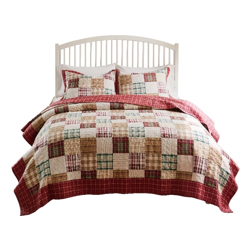 Benjara Evi 3pc Full Queen Quilt and Pillow Sham Set- Plaid Pattern- Multicolor