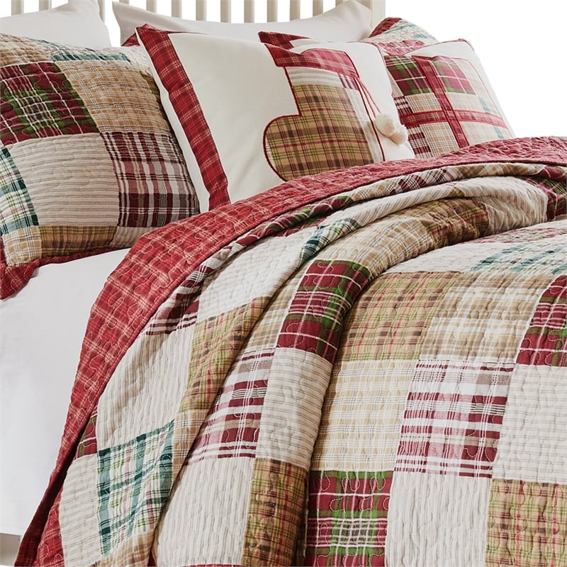Benjara Evi 3pc Cal King Quilt and Pillow Sham Set- Plaid Pattern- Multicolor
