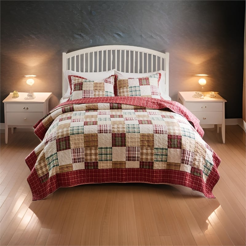 Benjara Evi 3pc Cal King Quilt and Pillow Sham Set- Plaid Pattern- Multicolor