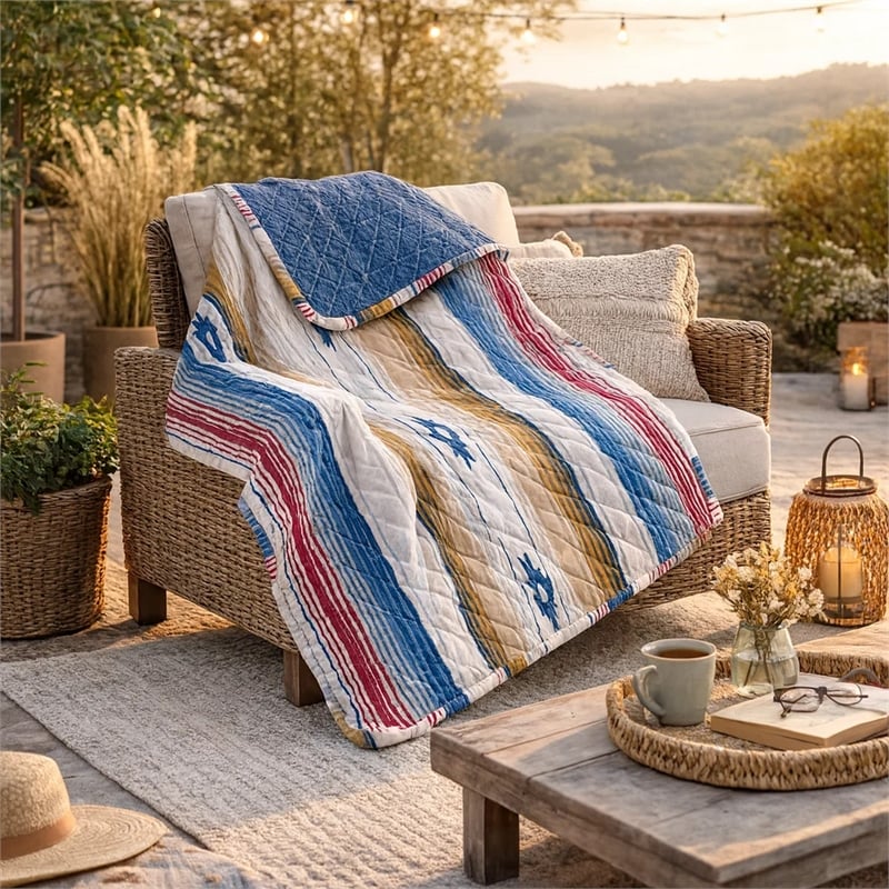 Benjara Rey 50 x 60 Quilted Throw Blanket-Ivory Multicolor Stripes Chevron Print
