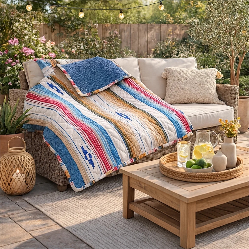 Benjara Rey 50 x 60 Quilted Throw Blanket-Ivory Multicolor Stripes Chevron Print