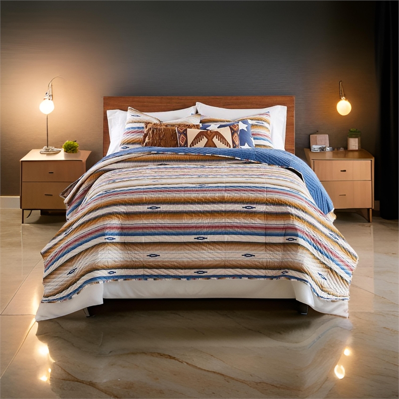 Benjara Rey 3pc Full Queen Quilt and Pillow Sham Set- Multicolor- Chevron Design