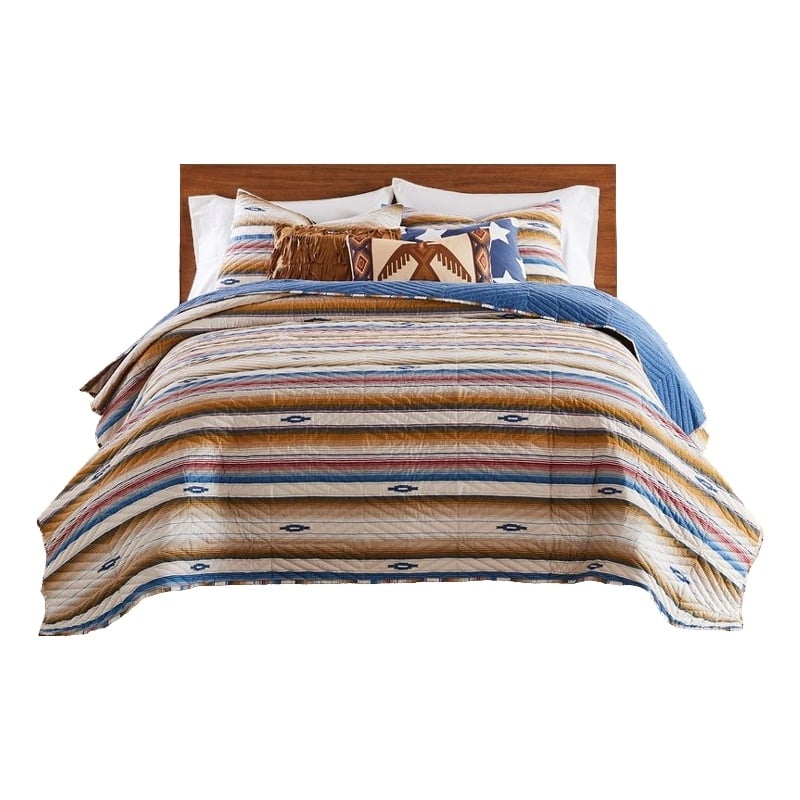 Benjara Rey 3pc Cal King Quilt & Pillow Sham Set-Ivory Multicolor Chevron Design
