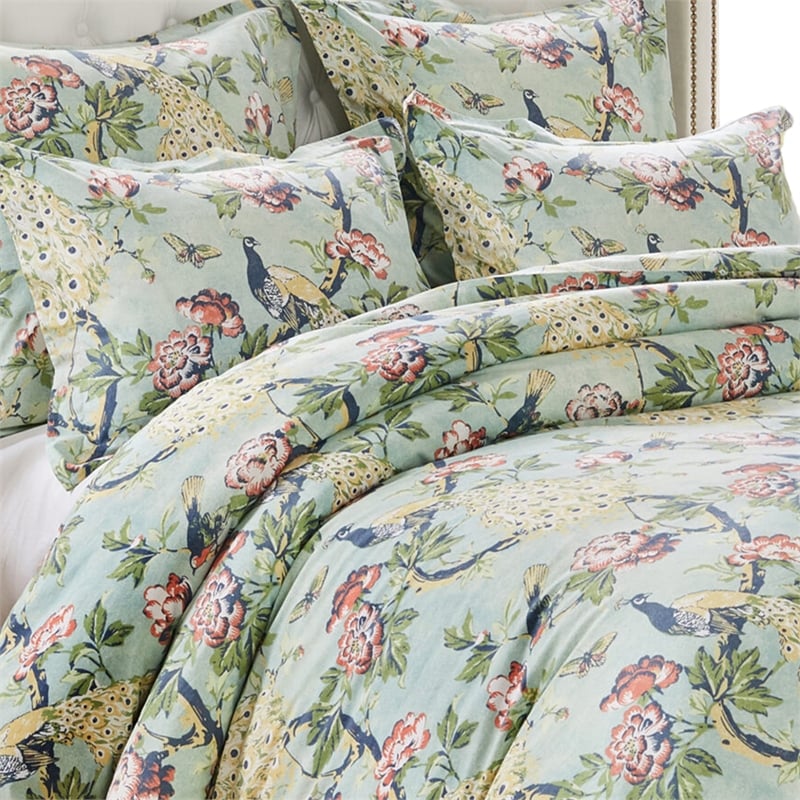 Benjara Sia 2pc XL Twin Duvet & Pillow Sham Set-Floral Jade Print Button Closure