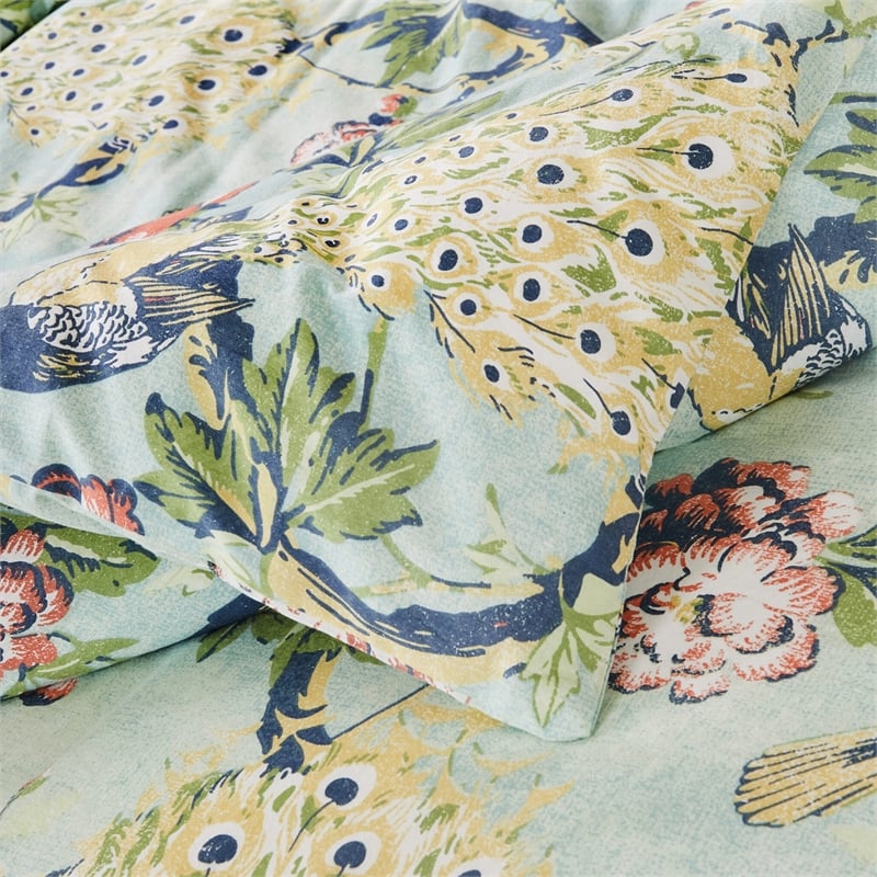 Benjara Sia 2pc XL Twin Duvet & Pillow Sham Set-Floral Jade Print Button Closure