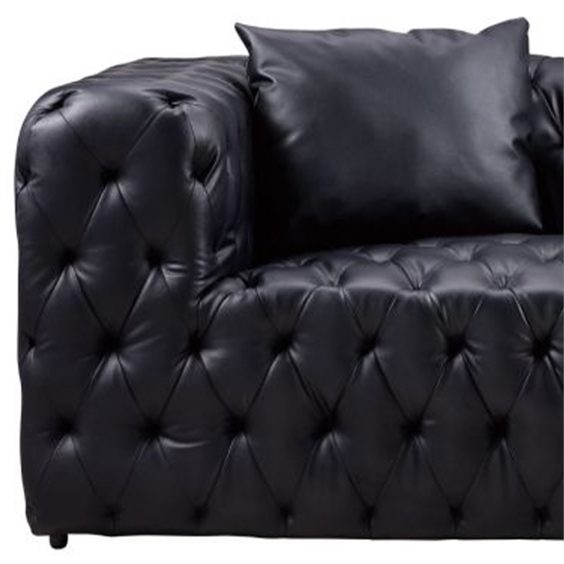 Benjara Sam Sofa- Black Tufted Faux Leather- Throw Pillows- Chesterfield- 84