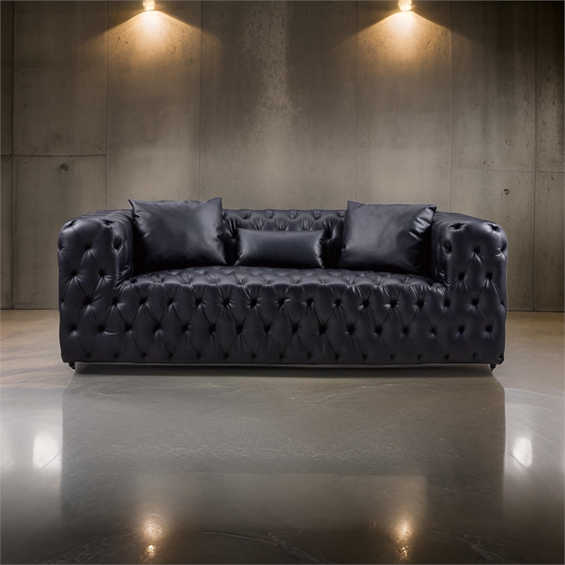 Benjara Sam Sofa- Black Tufted Faux Leather- Throw Pillows- Chesterfield- 84