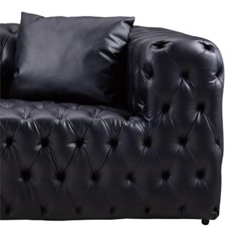 Benjara Sam Sofa- Black Tufted Faux Leather- Throw Pillows- Chesterfield- 84