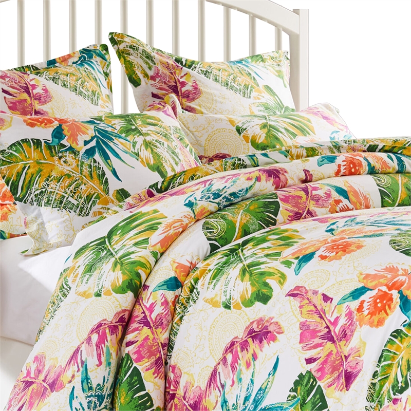 Benjara Heli 3pc Full to Queen Duvet & Pillow Sham Set-Multicolor Tropical Print