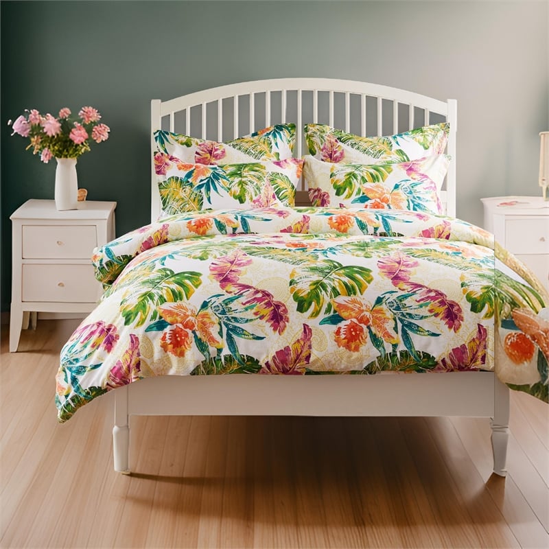 Benjara Heli 3pc Full to Queen Duvet & Pillow Sham Set-Multicolor Tropical Print