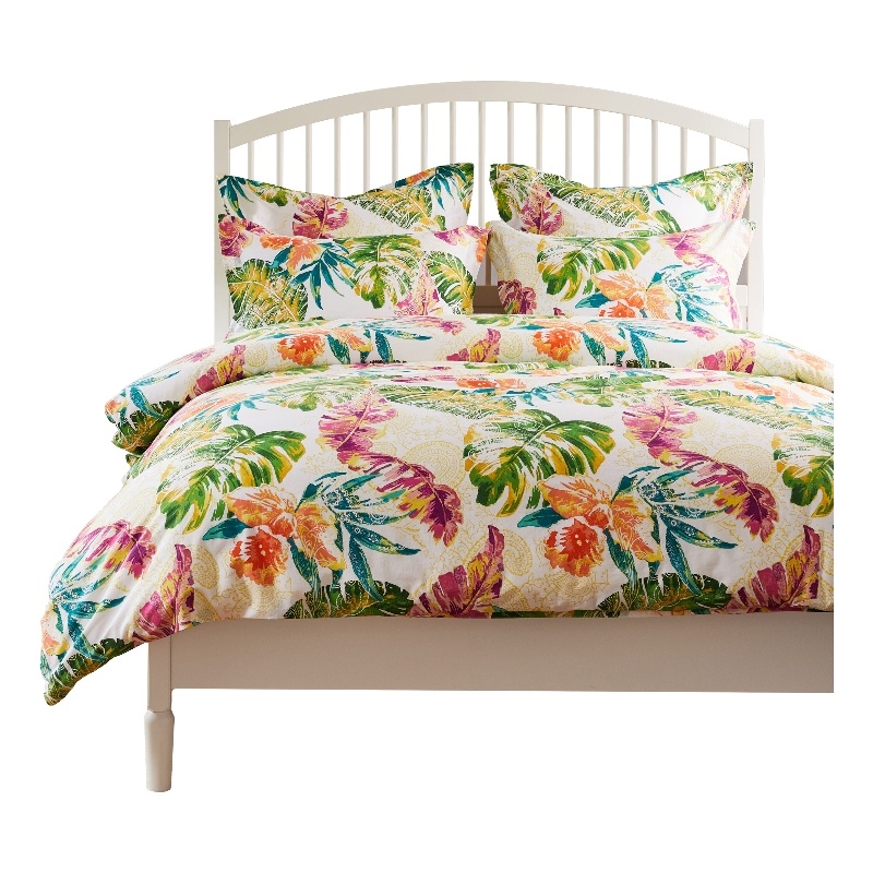 Benjara Heli 3pc Full to Queen Duvet & Pillow Sham Set-Multicolor Tropical Print