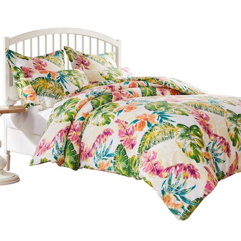Benjara Heli 3pc Full to Queen Duvet & Pillow Sham Set-Multicolor Tropical Print