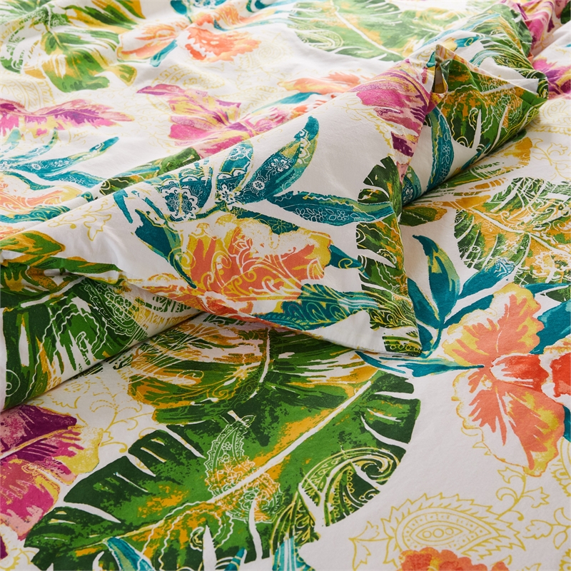 Benjara Heli 3pc Full to Queen Duvet & Pillow Sham Set-Multicolor Tropical Print
