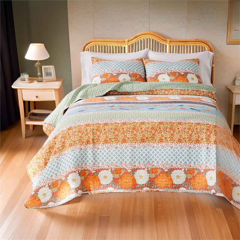 Benjara Nite 3pc Full/Queen Quilt Set- Calico Floral & Songbird Pattern- Cotton