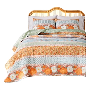 Benjara Nite 3pc Full/Queen Quilt Set- Calico Floral & Songbird Pattern- Cotton