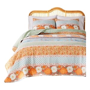Benjara Nite 3pc King Quilt Set-Calico Floral Songbird Pattern-Cotton Microfiber