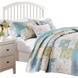 Benjara Evane 3pc Full/Queen Quilt Set- Floral Design- Mist Blue & White Cotton
