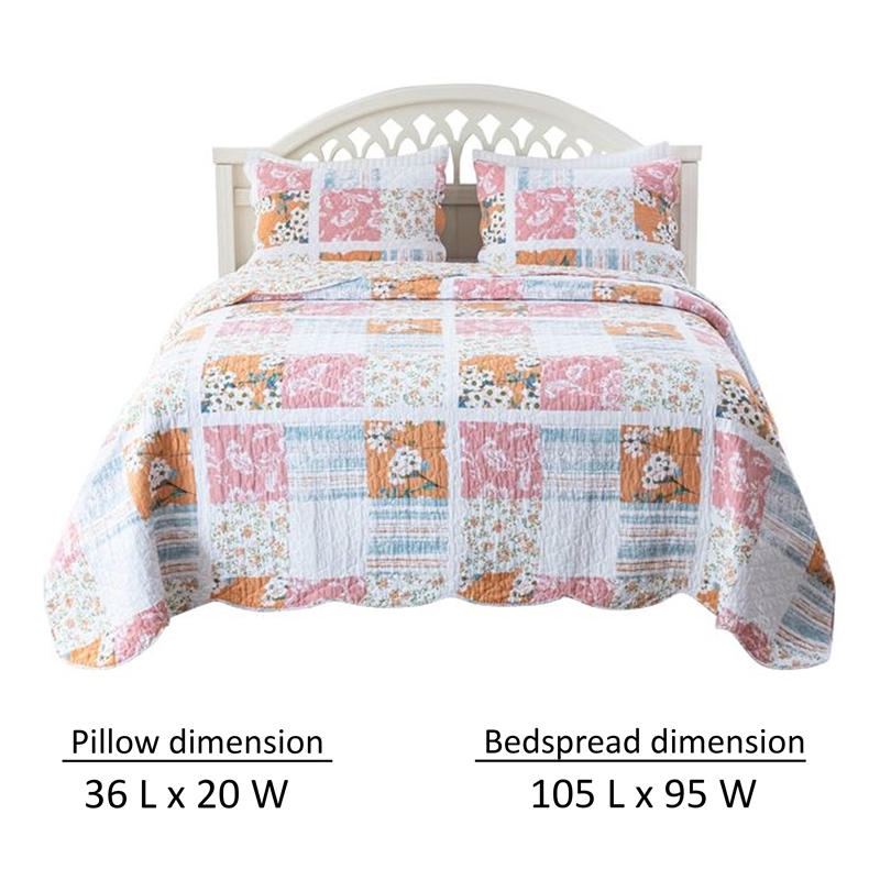 Benjara Vanie 3pc King Quilt Set-Pillow Shams-Scalloped-Blue White Pink Cotton