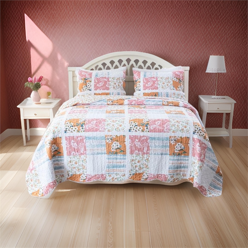 Benjara Vanie 3pc King Quilt Set-Pillow Shams-Scalloped-Blue White Pink Cotton