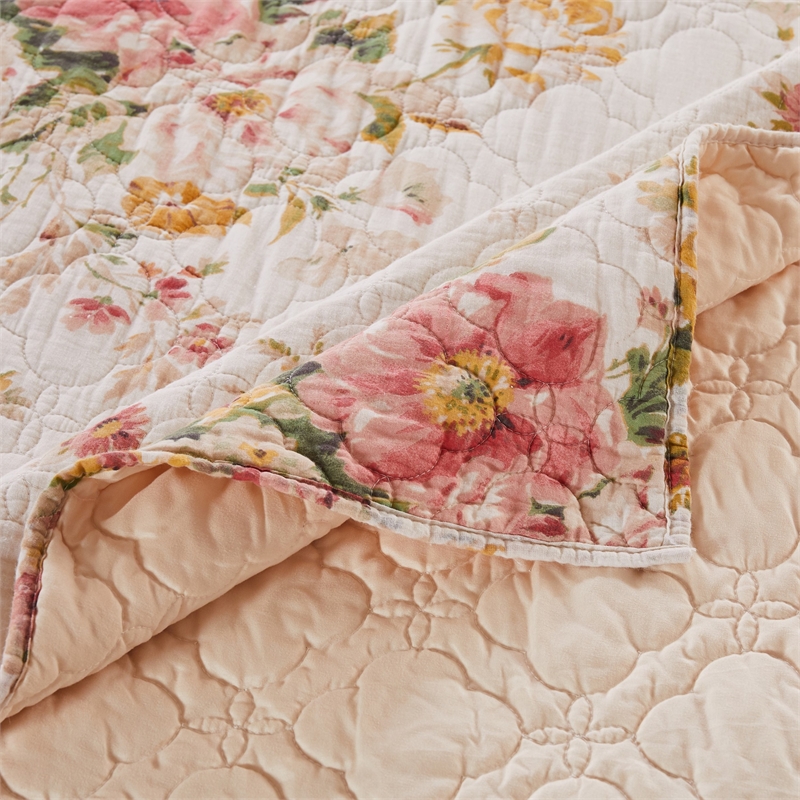 Benjara Givi Throw Blanket with Unique Floral Pattern- Buttercup Beige Cotton