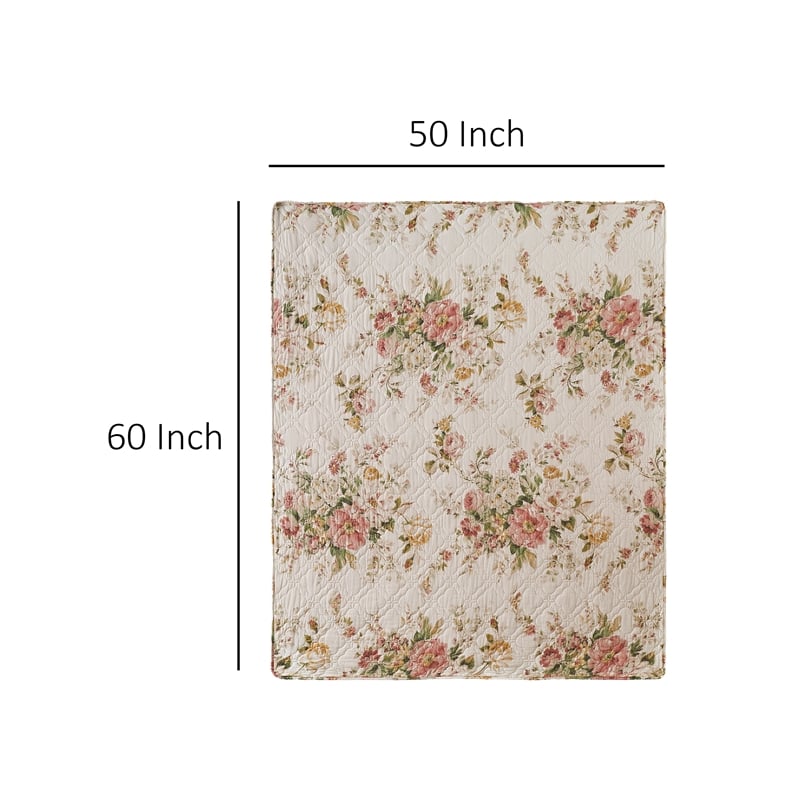Benjara Givi Throw Blanket with Unique Floral Pattern- Buttercup Beige Cotton
