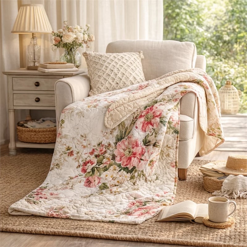 Benjara Givi Throw Blanket with Unique Floral Pattern- Buttercup Beige Cotton