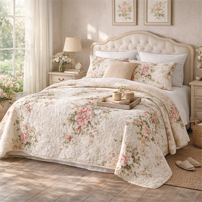 Benjara Givi Throw Blanket with Unique Floral Pattern- Buttercup Beige Cotton