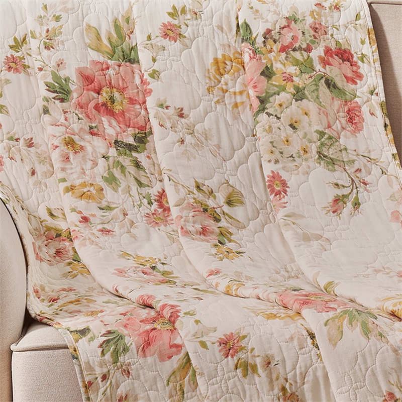 Benjara Givi Throw Blanket with Unique Floral Pattern- Buttercup Beige Cotton