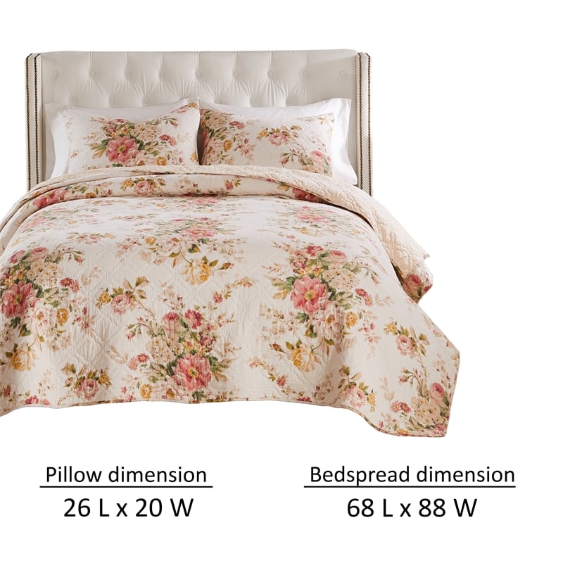 Benjara Givi 2pc XL Twin Quilt Set with Floral Pattern- Beige Buttercup Cotton