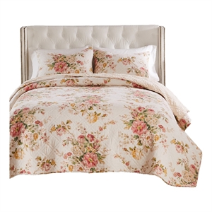 Benjara Givi 2pc XL Twin Quilt Set with Floral Pattern- Beige Buttercup Cotton