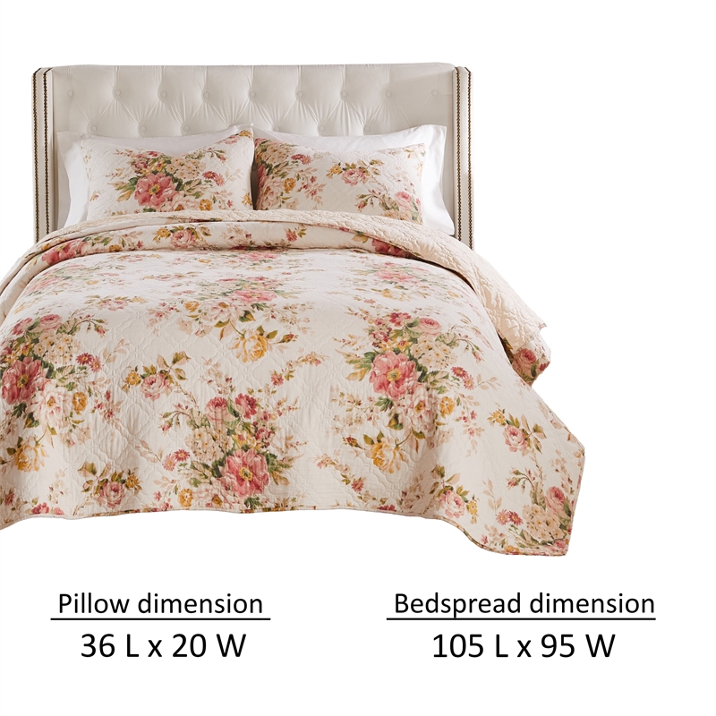 Benjara Givi 3pc King Quilt Set- Shams- Red and Floral Beige Buttercup Cotton