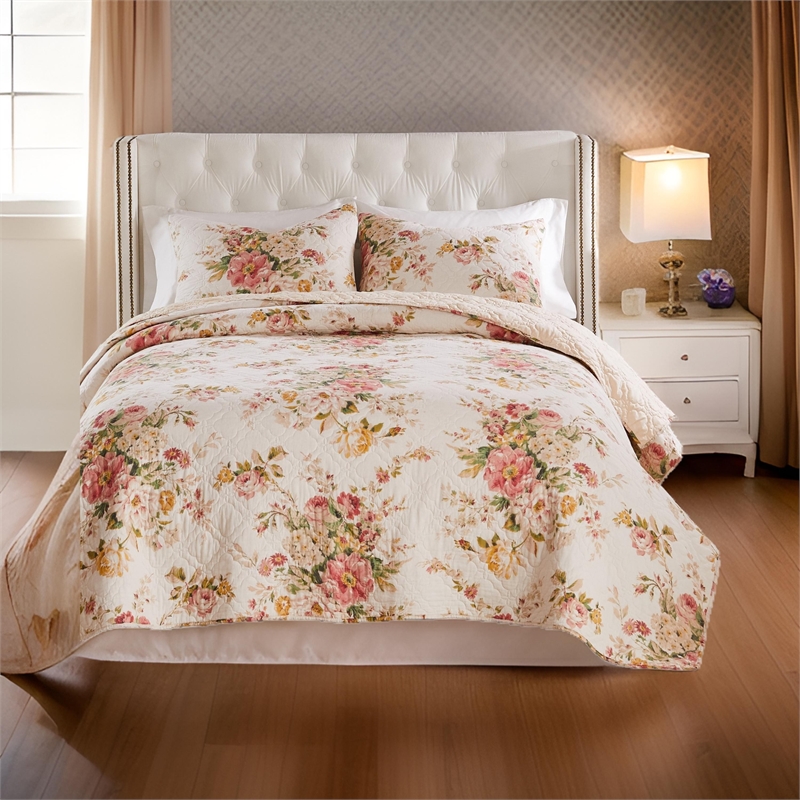 Benjara Givi 3pc King Quilt Set- Shams- Red and Floral Beige Buttercup Cotton
