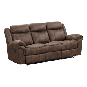 Benjara Arisa Sofa- Brown Faux Leather- Drop Down Table with Cupholders- 87 Inch