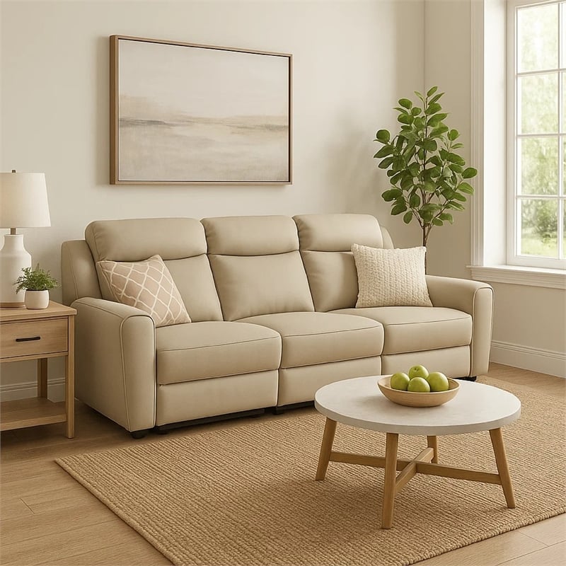 Benjara Cobe Sofa- Manual Recliner- 41 Inch- Solid Wood- Top Grain Beige Leather