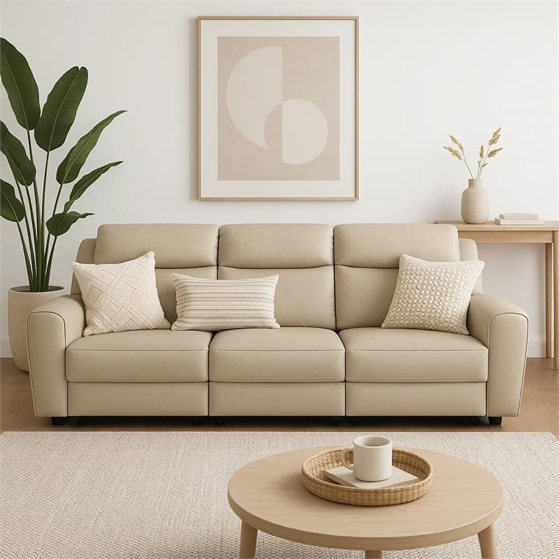Benjara Cobe Sofa- Manual Recliner- 41 Inch- Solid Wood- Top Grain Beige Leather