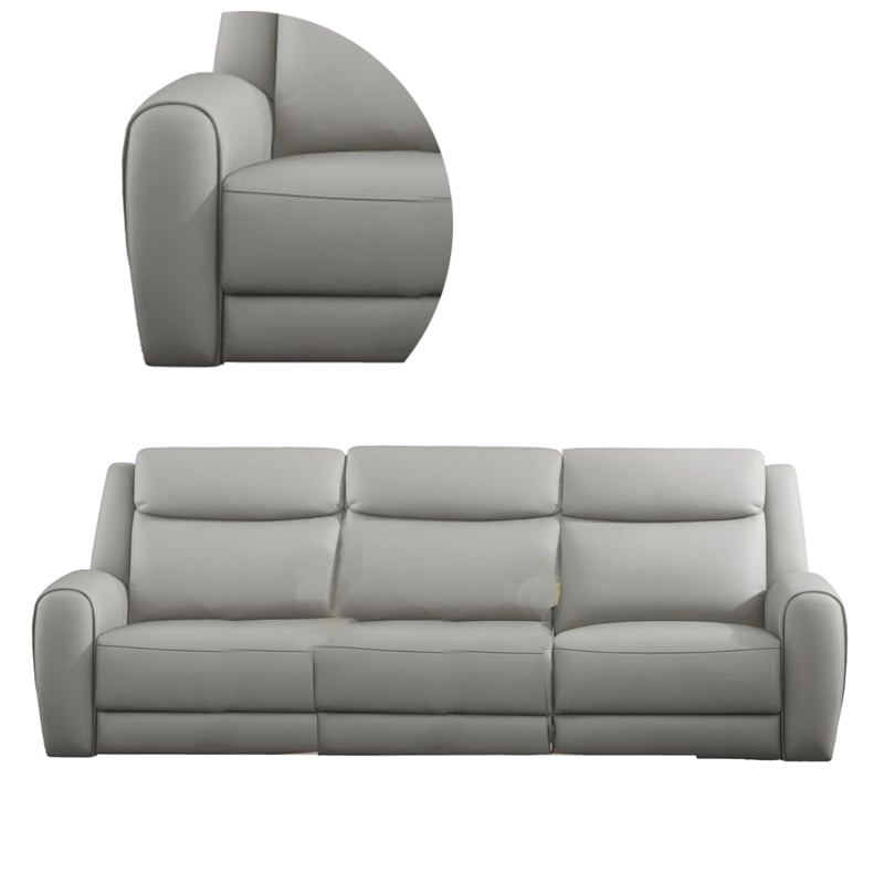 Benjara Cobe Sofa- Manual Recliner- 87 Inch- Solid Wood- Top Grain Gray Leather
