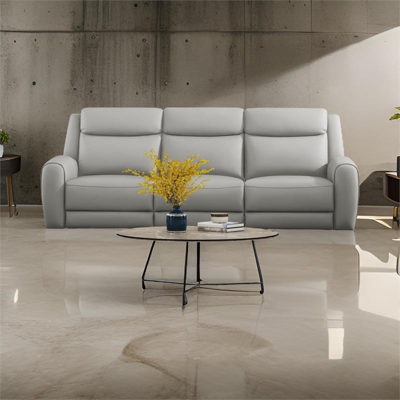 Benjara Cobe Sofa- Manual Recliner- 87 Inch- Solid Wood- Top Grain Gray Leather