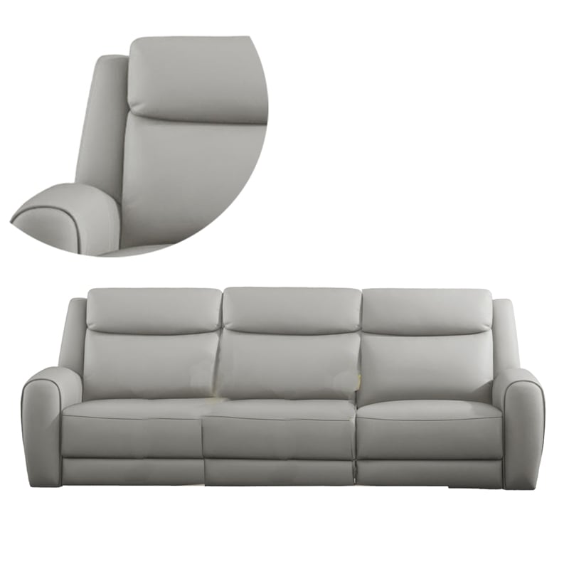 Benjara Cobe Sofa- Manual Recliner- 87 Inch- Solid Wood- Top Grain Gray Leather