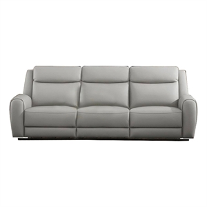 Benjara Cobe Sofa- Manual Recliner- 87 Inch- Solid Wood- Top Grain Gray Leather
