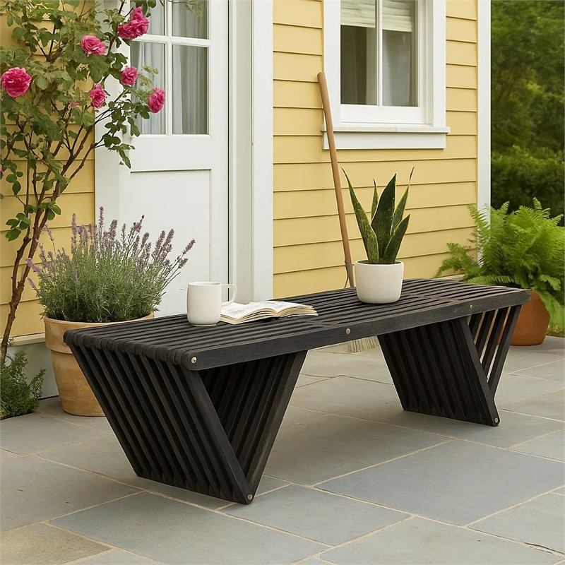 Benjara Riah Outdoor Bench- Angled Legs- Slatted 63